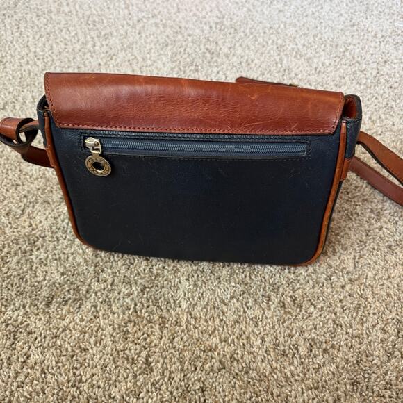 Rossi & Caruso Vintage 100% Leather Crossbody Bag Two-Tone Brown Navy Buckle - Picture 10 of 16